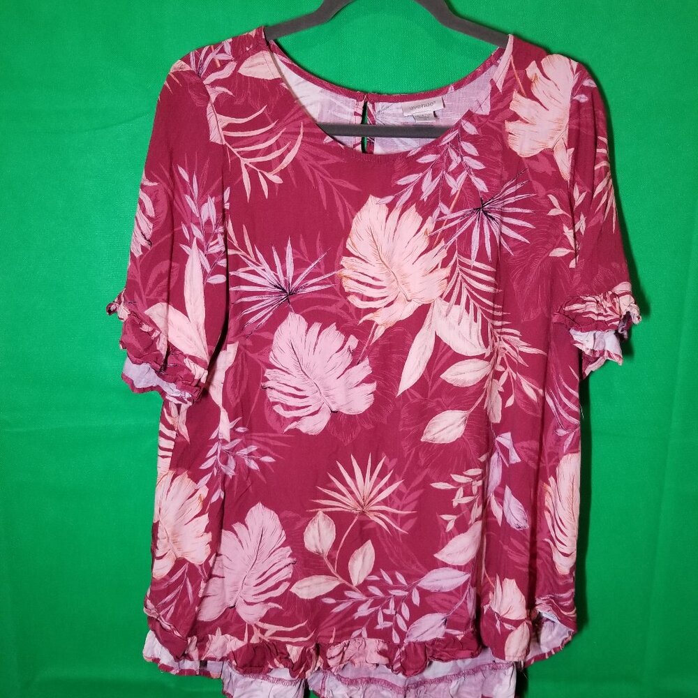 Avenue Women's Burgundy Floral Ruffle Short Sleeve Blouse Size 16 Aloha Island